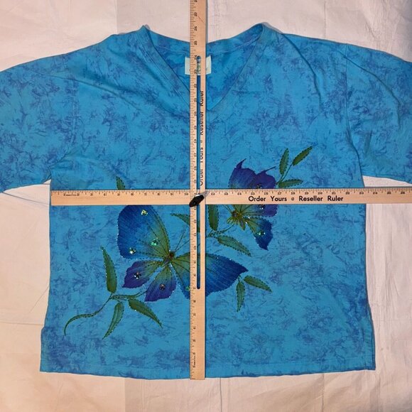 Coconut Reed Butterfly Beaded Sequin Blue Tie-dye Tshirt - XL Cotton Beach Top - Picture 4 of 5